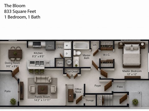 Floor plan for 1 bed, 1 bath, 846 sqft